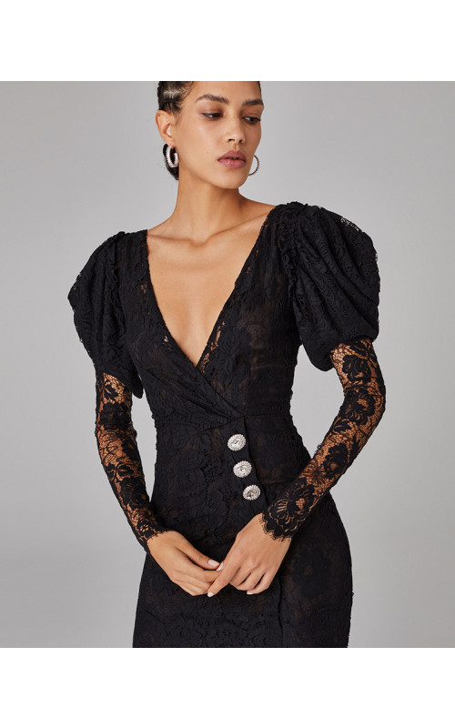Lace Gown with Puff Sleeves