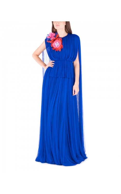 Cobalt Tulle Pleated Gown