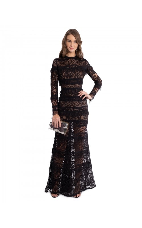 Black Lace Long Sleeve Gown