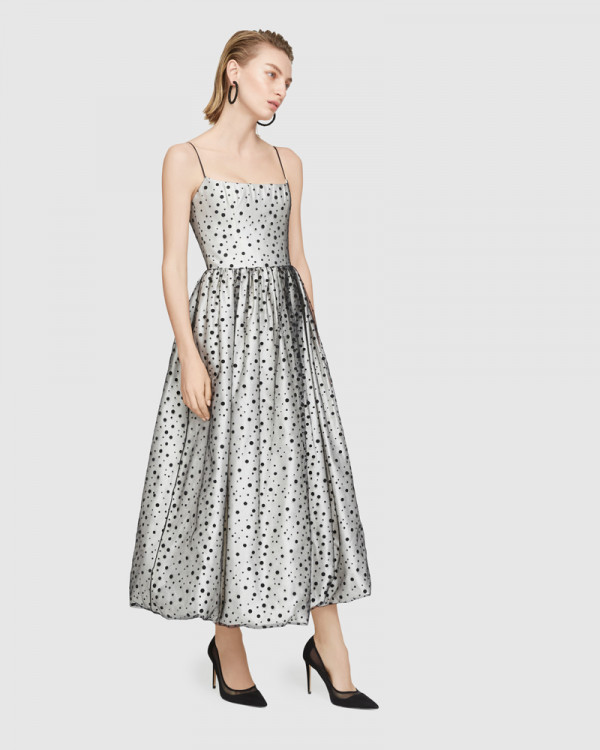 Polka Dot Midi Dress with Voluminous Skirt