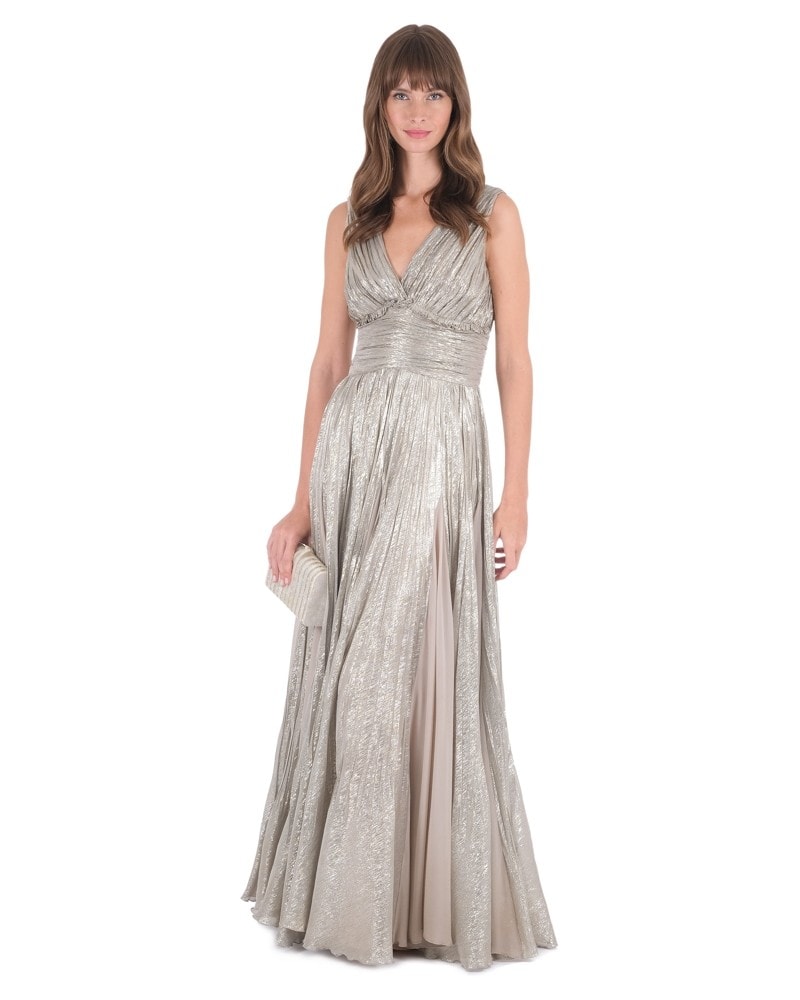 V Neck Metallic Pleated Gown