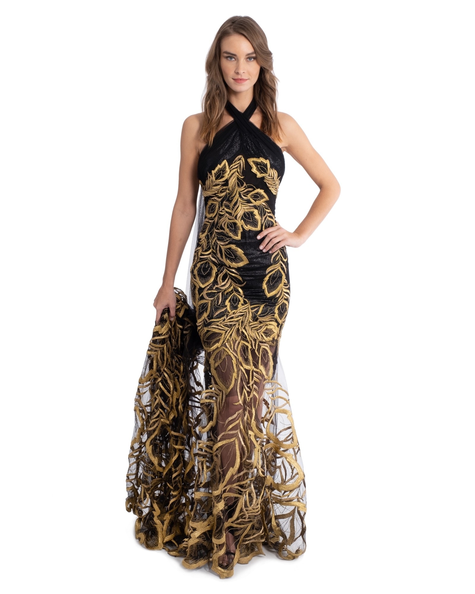 black and gold halter dress