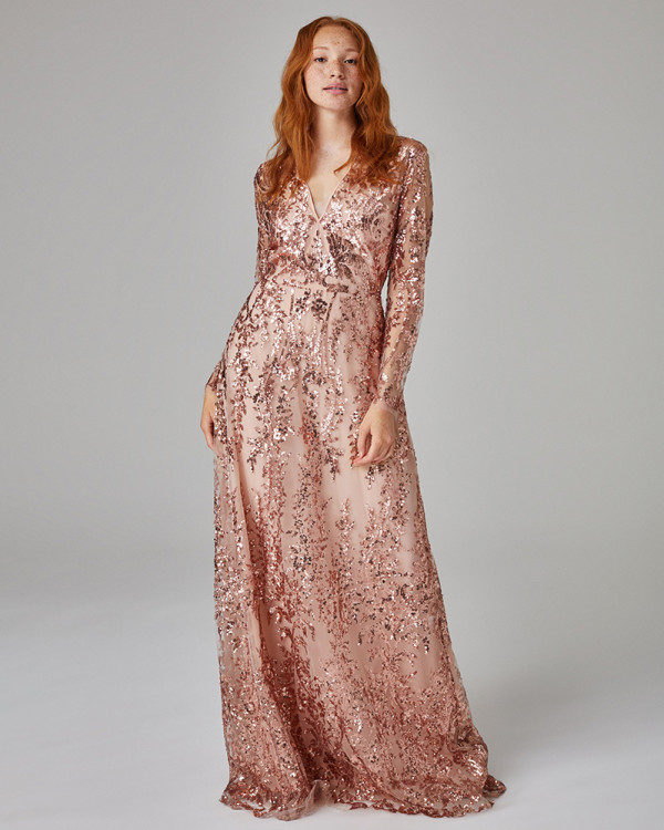 All Over Embroidered V Neck Gown 