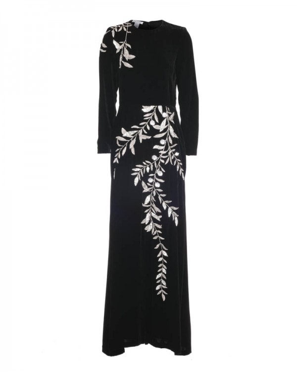 Velvet Long Sleeve Embroidered Gown