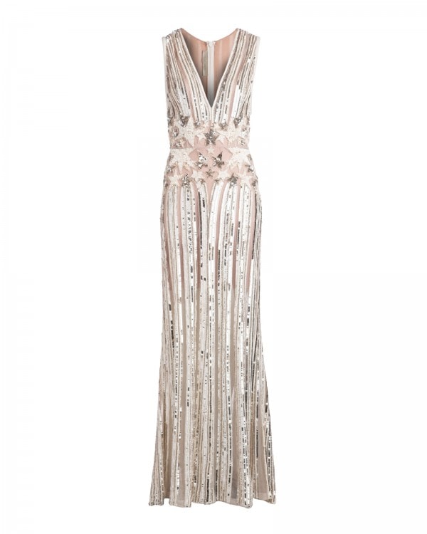 PLUNGE NECK STARRY SEQUIN GOWN
