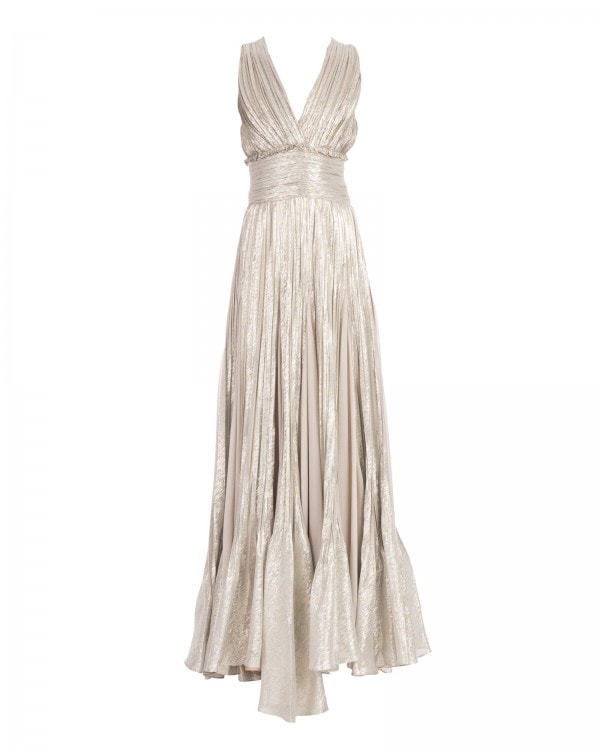 V Neck Metallic Pleated Gown