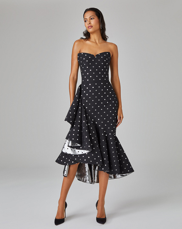 Polka Dot Jacquard Midi Dress with Ruffles